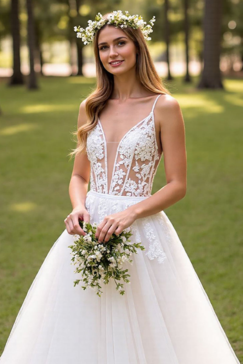 Load image into Gallery viewer, Ivory Tulle Sweep Train Corset Wedding Dress with Appliques