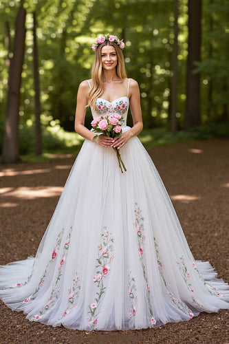 Ivory Tulle Floral Ball Gown Sweep Train Wedding Dress