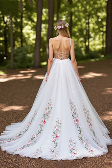 Ivory Tulle Floral Ball Gown Sweep Train Wedding Dress