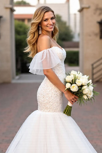 Ivory Tulle Sweetheart Sweep Train Mermaid Wedding Dress with Sleeves