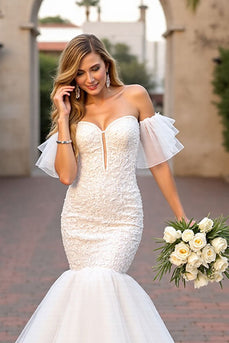 Ivory Tulle Sweetheart Sweep Train Mermaid Wedding Dress with Sleeves