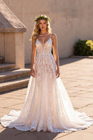 Load image into Gallery viewer, Ivory Lace A Line Deep V-Neck Sweep Train Corset Wedding Dress