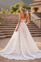 Load image into Gallery viewer, Ivory Lace A Line Deep V-Neck Sweep Train Corset Wedding Dress