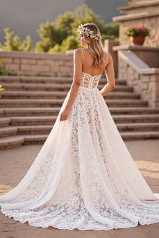 Ivory Lace A Line Deep V-Neck Sweep Train Corset Wedding Dress