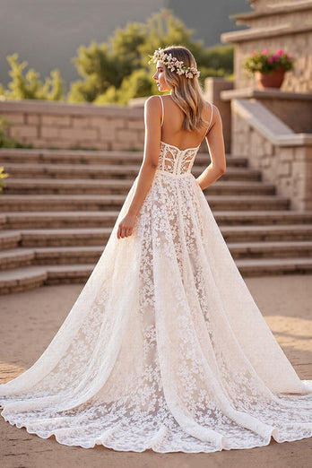 Ivory Lace A Line Deep V-Neck Sweep Train Corset Wedding Dress