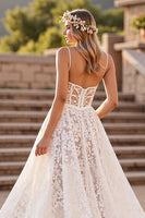 Load image into Gallery viewer, Ivory Lace A Line Deep V-Neck Sweep Train Corset Wedding Dress