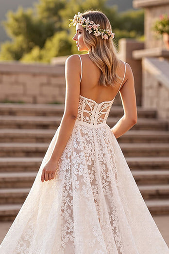 Ivory Lace A Line Deep V-Neck Sweep Train Corset Wedding Dress