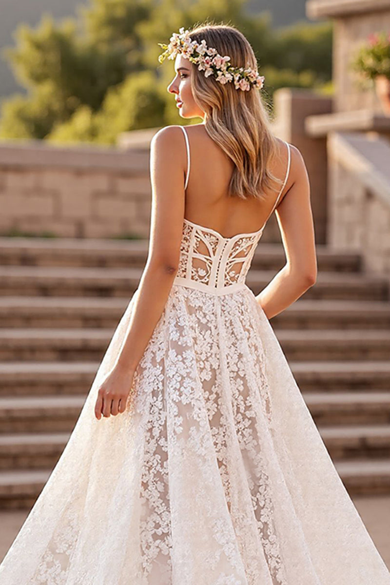 Load image into Gallery viewer, Ivory Lace A Line Deep V-Neck Sweep Train Corset Wedding Dress