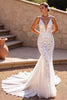 Load image into Gallery viewer, Lace Mermaid Spaghetti Straps Ivory Sweep Train Corset Wedding Dress