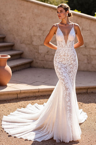 Lace Mermaid Spaghetti Straps Ivory Sweep Train Corset Wedding Dress