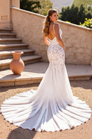 Load image into Gallery viewer, Lace Mermaid Spaghetti Straps Ivory Sweep Train Corset Wedding Dress