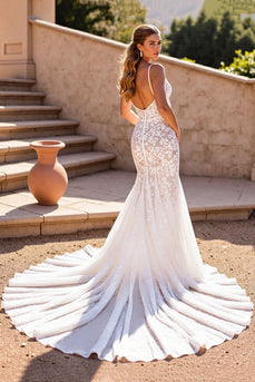 Lace Mermaid Spaghetti Straps Ivory Sweep Train Corset Wedding Dress
