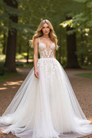 Load image into Gallery viewer, Ivory Tulle Deep V-Neck Ball Gown Wedding Dress with Appliques