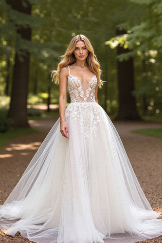 Ivory Tulle Deep V-Neck Ball Gown Wedding Dress with Appliques
