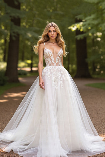 Ivory Tulle Deep V-Neck Ball Gown Wedding Dress with Appliques