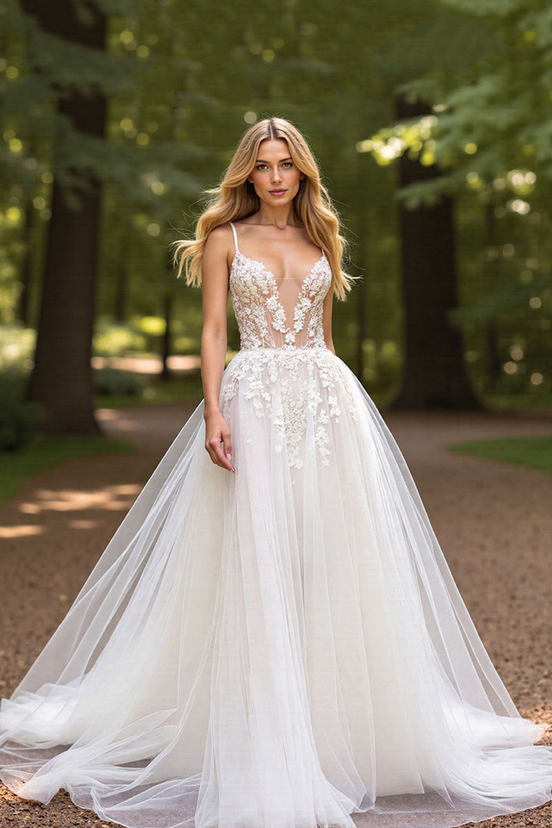 Load image into Gallery viewer, Ivory Tulle Deep V-Neck Ball Gown Wedding Dress with Appliques