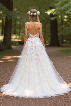 Ivory Tulle Deep V-Neck Ball Gown Wedding Dress with Appliques