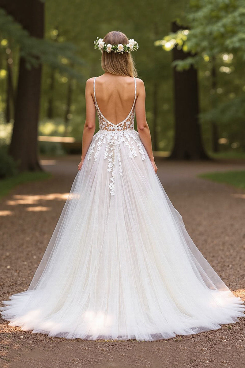Load image into Gallery viewer, Ivory Tulle Deep V-Neck Ball Gown Wedding Dress with Appliques