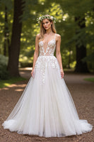 Load image into Gallery viewer, Ivory Tulle Deep V-Neck Ball Gown Wedding Dress with Appliques