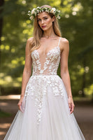 Load image into Gallery viewer, Ivory Tulle Deep V-Neck Ball Gown Wedding Dress with Appliques