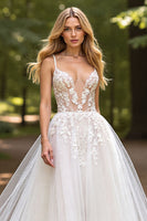 Load image into Gallery viewer, Ivory Tulle Deep V-Neck Ball Gown Wedding Dress with Appliques