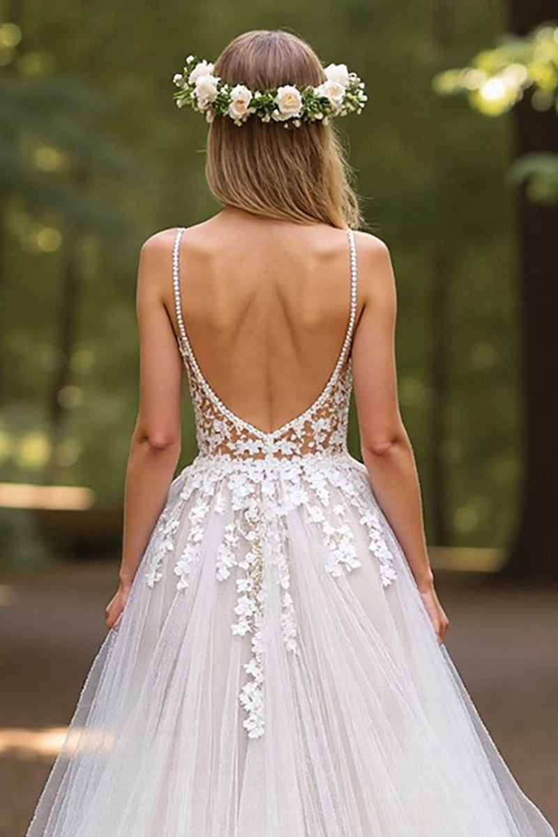 Load image into Gallery viewer, Ivory Tulle Deep V-Neck Ball Gown Wedding Dress with Appliques