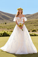 Load image into Gallery viewer, Ivory Tulle Short Sleeves Sweep Train Wedding Dress with Lace