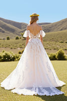 Load image into Gallery viewer, Ivory Tulle Short Sleeves Sweep Train Wedding Dress with Lace