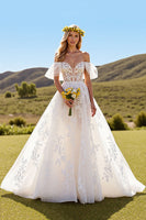 Load image into Gallery viewer, Ivory Tulle Short Sleeves Sweep Train Wedding Dress with Lace