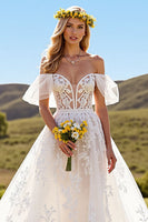 Load image into Gallery viewer, Ivory Tulle Short Sleeves Sweep Train Wedding Dress with Lace