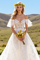 Load image into Gallery viewer, Ivory Tulle Short Sleeves Sweep Train Wedding Dress with Lace