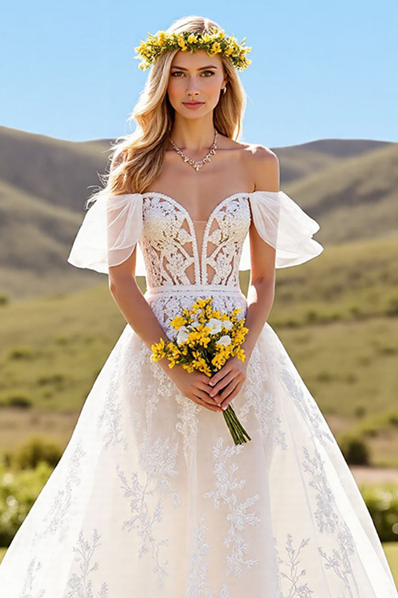 Load image into Gallery viewer, Ivory Tulle Short Sleeves Sweep Train Wedding Dress with Lace