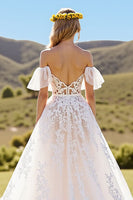 Load image into Gallery viewer, Ivory Tulle Short Sleeves Sweep Train Wedding Dress with Lace