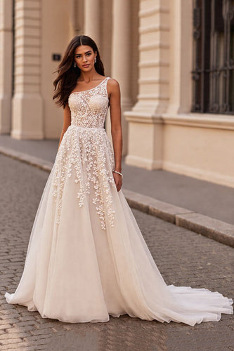 Ivory One Shoulder Sweep Train Chiffon Wedding Dress with Appliques