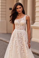 Load image into Gallery viewer, Ivory One Shoulder Sweep Train Chiffon Wedding Dress with Appliques