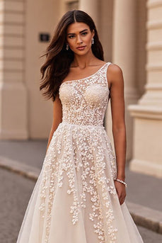 Ivory One Shoulder Sweep Train Chiffon Wedding Dress with Appliques