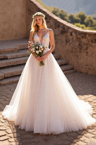 Ivory Spaghetti Straps Tulle A-Line Wedding Dress with Lace