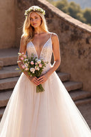 Load image into Gallery viewer, Ivory Spaghetti Straps Tulle A-Line Wedding Dress with Lace