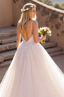 Load image into Gallery viewer, Ivory Spaghetti Straps Tulle A-Line Wedding Dress with Lace