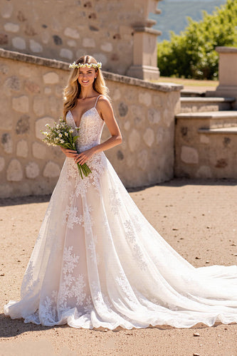 Ivory Deep V-Neck Floral Lace Sweep Train Wedding Dress