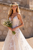 Load image into Gallery viewer, Ivory Deep V-Neck Floral Lace Sweep Train Wedding Dress