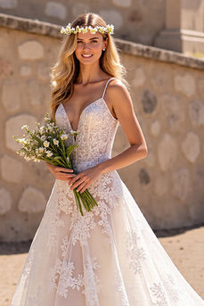 Ivory Deep V-Neck Floral Lace Sweep Train Wedding Dress