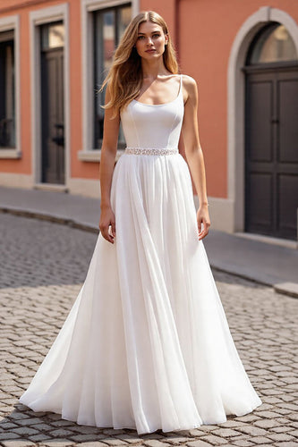 Sparkly Ivory Chiffon Scoop Neck Boho Corset Wedding Dress with Beading