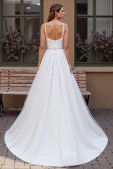 Sparkly Ivory Chiffon Scoop Neck Boho Corset Wedding Dress with Beading