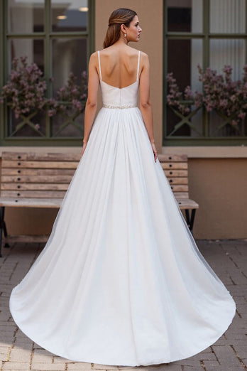 Sparkly Ivory Chiffon Scoop Neck Boho Corset Wedding Dress with Beading