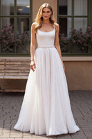 Load image into Gallery viewer, Sparkly Ivory Chiffon Scoop Neck Boho Corset Wedding Dress with Beading
