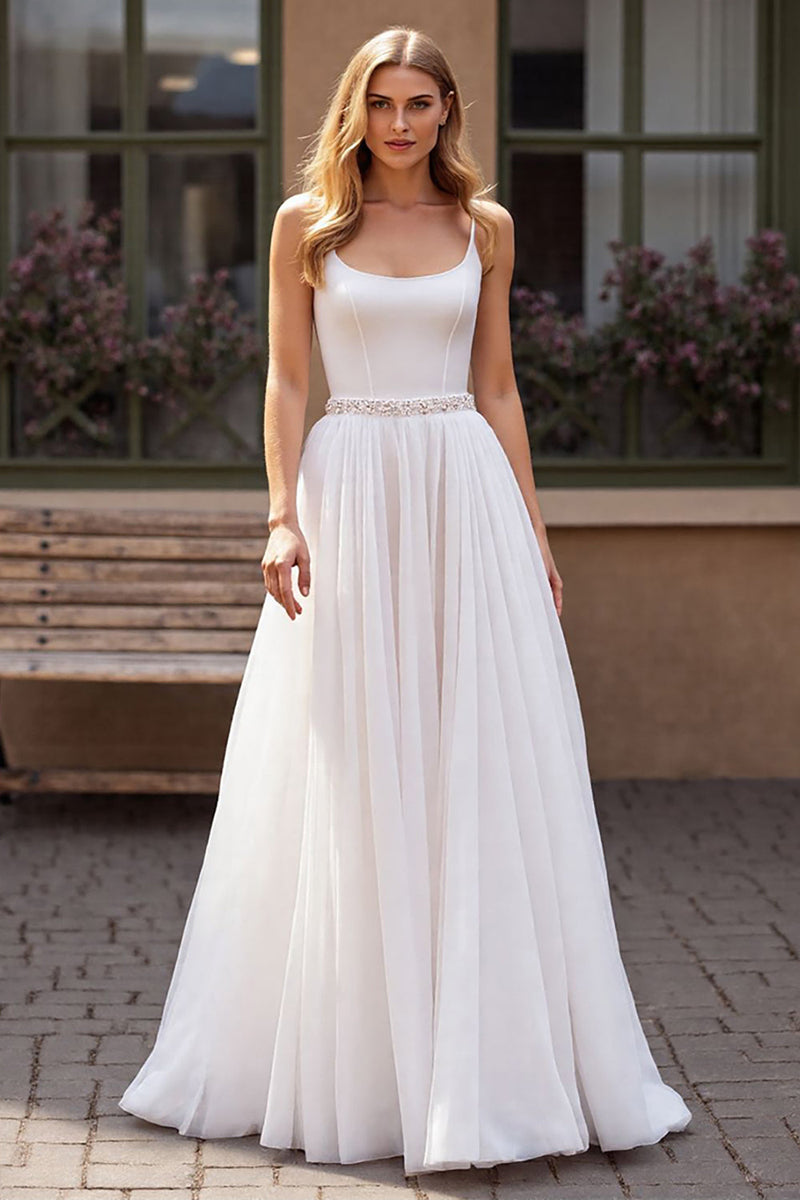 Load image into Gallery viewer, Sparkly Ivory Chiffon Scoop Neck Boho Corset Wedding Dress with Beading