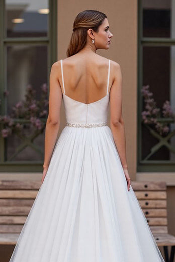 Sparkly Ivory Chiffon Scoop Neck Boho Corset Wedding Dress with Beading