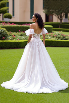 Ivory Tulle Ruffled Corset Ball Gown Wedding Dress with Lace