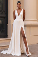 Load image into Gallery viewer, Simple Ivory Satin V-Neck Sweep Train Sheath Wedding Dress with Slit